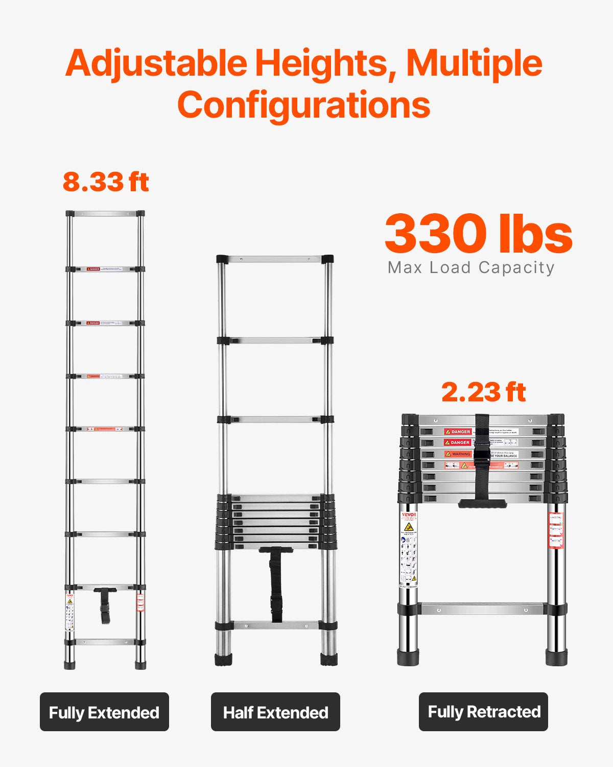 Teleskopleiter, 2540 mm, leichte Edelstahl-Ausziehleiter, mit Mehrfach-Knopf-Einzug, 150 kg Tragkraft und rutschfesten Füßen, tragbare 9-stufige Leiter für Zuhause, Wohnmobil und Dachboden