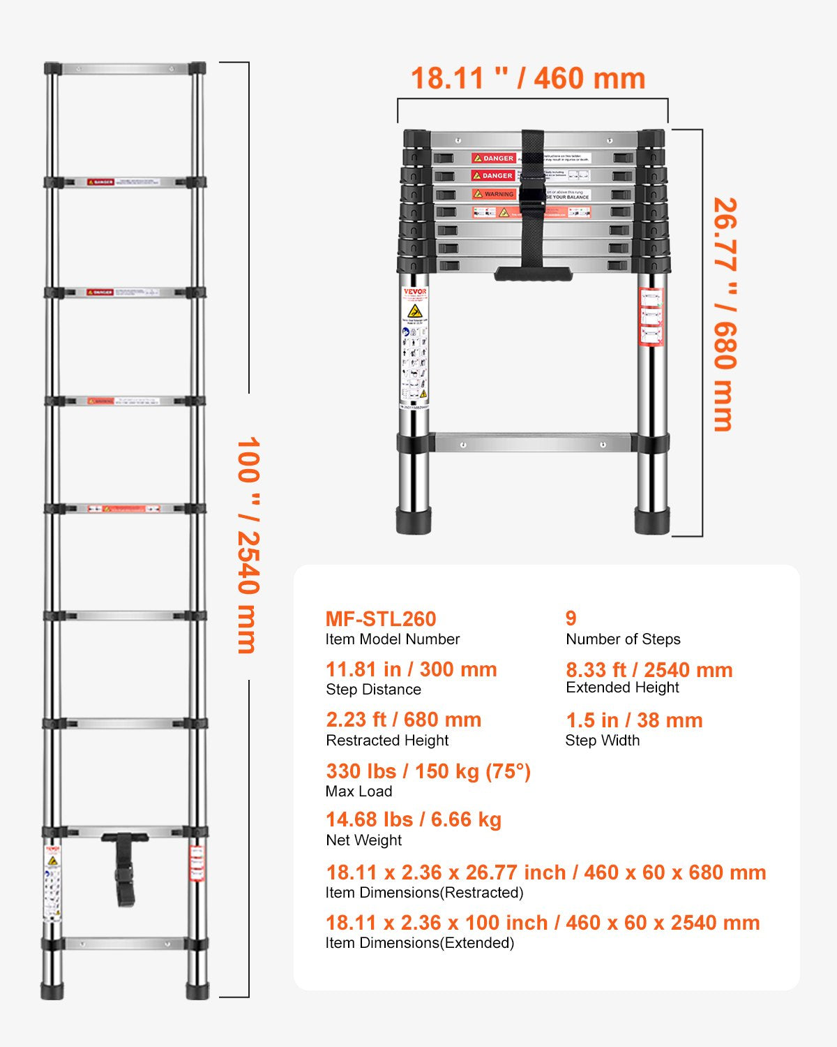 Teleskopleiter, 2540 mm, leichte Edelstahl-Ausziehleiter, mit Mehrfach-Knopf-Einzug, 150 kg Tragkraft und rutschfesten Füßen, tragbare 9-stufige Leiter für Zuhause, Wohnmobil und Dachboden