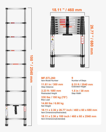 Teleskopleiter, 2540 mm, leichte Edelstahl-Ausziehleiter, mit Mehrfach-Knopf-Einzug, 150 kg Tragkraft und rutschfesten Füßen, tragbare 9-stufige Leiter für Zuhause, Wohnmobil und Dachboden