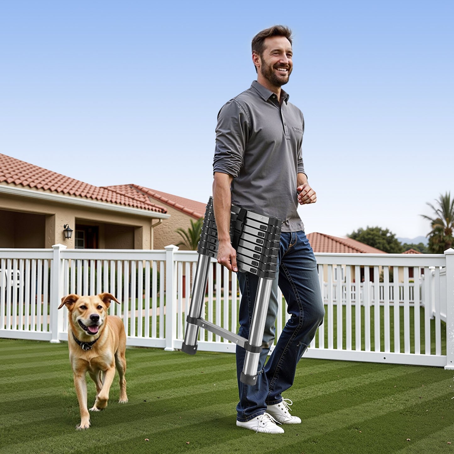 Teleskopleiter, 2540 mm, leichte Edelstahl-Ausziehleiter, mit Mehrfach-Knopf-Einzug, 150 kg Tragkraft und rutschfesten Füßen, tragbare 9-stufige Leiter für Zuhause, Wohnmobil und Dachboden