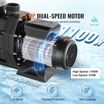 1100 W(1.5HP) Above Ground Pool Pump, 220V-240V, 1450 / 2860 RPM Dual Speed Pump 1100W, 27800 L/H Max. Flow Powerful Pump, Energy Saving Swimming Pool Pump for Above Ground Pool, CE Certification