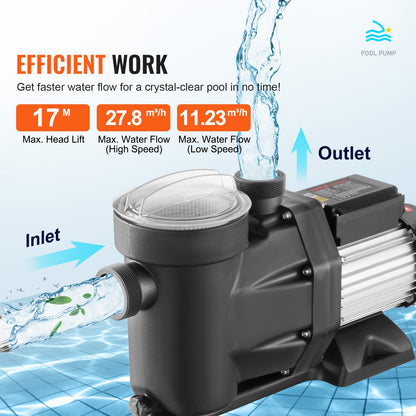 1100 W(1.5HP) Above Ground Pool Pump, 220V-240V, 1450 / 2860 RPM Dual Speed Pump 1100W, 27800 L/H Max. Flow Powerful Pump, Energy Saving Swimming Pool Pump for Above Ground Pool, CE Certification