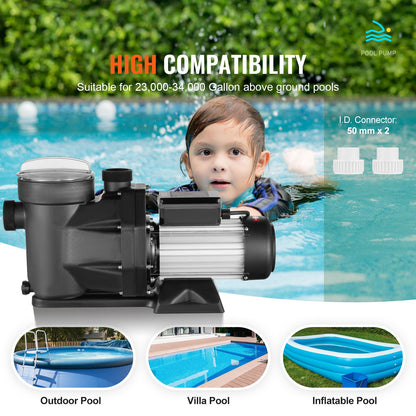 1500 W(2HP) Above Ground Pool Pump, 220V-240V, 1450 / 2860 RPM Dual Speed Pump 1800W, 33000 L/H Max. Flow Powerful Pump, Energy Saving Swimming Pool Pump for Above Ground Pool, CE Certification