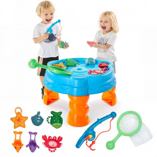 Wassertisch für Kleinkinder, Sinnes-Aktivitätstisch für Kinder, Wasserspielset „Fisch und Planschen“ mit 9-teiligem Spielzeugzubehör, Sommer-Wasserspieltisch mit Angelspielset für Jungen und Mädchen ab 3 Jahren