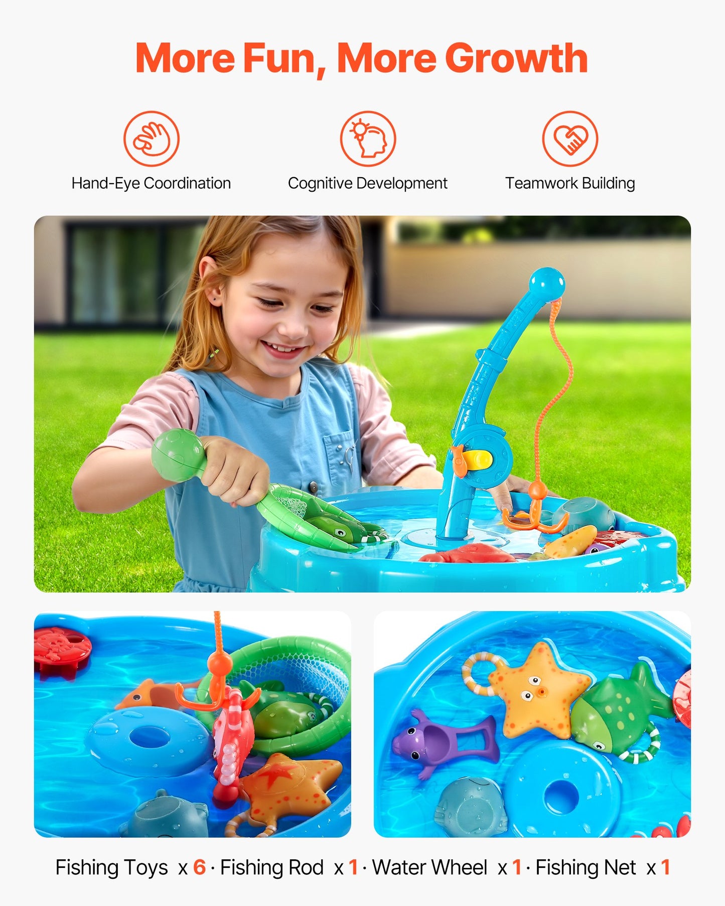 Wassertisch für Kleinkinder, Sinnes-Aktivitätstisch für Kinder, Wasserspielset „Fisch und Planschen“ mit 9-teiligem Spielzeugzubehör, Sommer-Wasserspieltisch mit Angelspielset für Jungen und Mädchen ab 3 Jahren