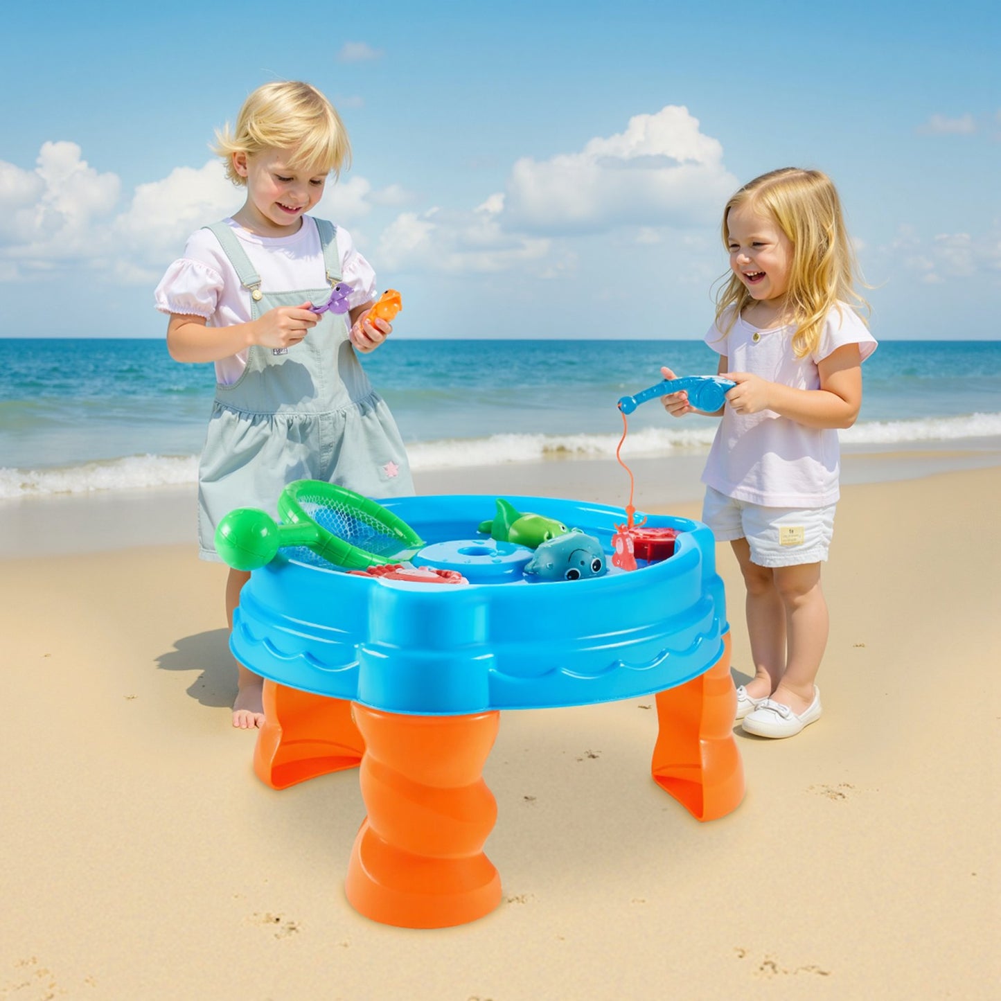 Wassertisch für Kleinkinder, Sinnes-Aktivitätstisch für Kinder, Wasserspielset „Fisch und Planschen“ mit 9-teiligem Spielzeugzubehör, Sommer-Wasserspieltisch mit Angelspielset für Jungen und Mädchen ab 3 Jahren