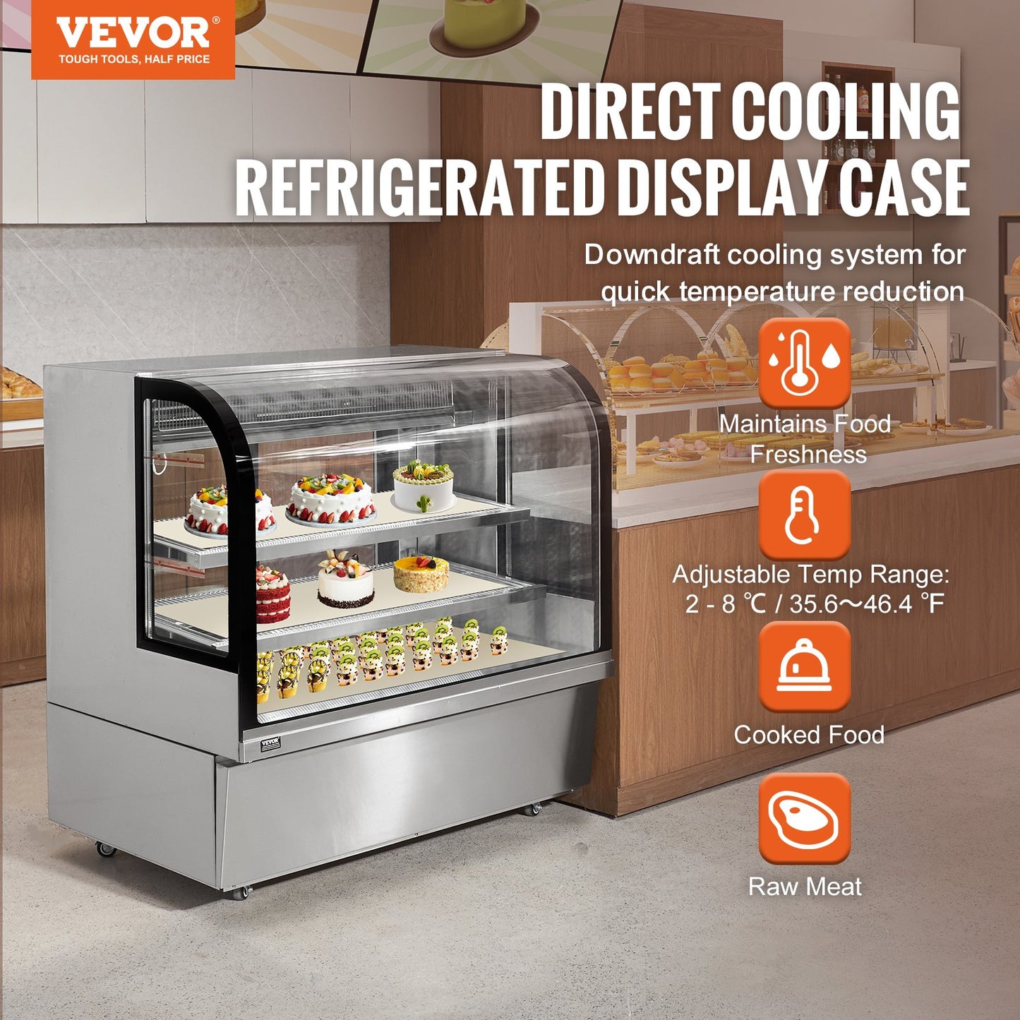 Refrigerated Display Case, 18 Cu.Ft./505L Large Pastry Display Case, 2-Tier Commercial Display Refrigerator with LED Lighting, Downdraft Cooling, Movable with Casters, for Bakery