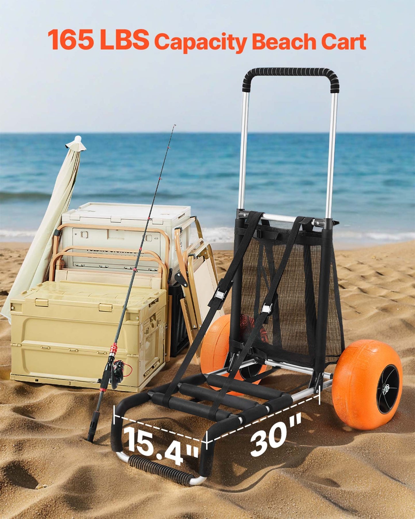 Beach Dolly with Big Wheels for Sand, 29.9" x 15.4" Cargo Deck, w/ 12" Solid Wheels, 165LBS Loading Capacity Folding Sand Cart & 27" to 44.7" Adjustable Height, Heavy Duty Cart for Beach