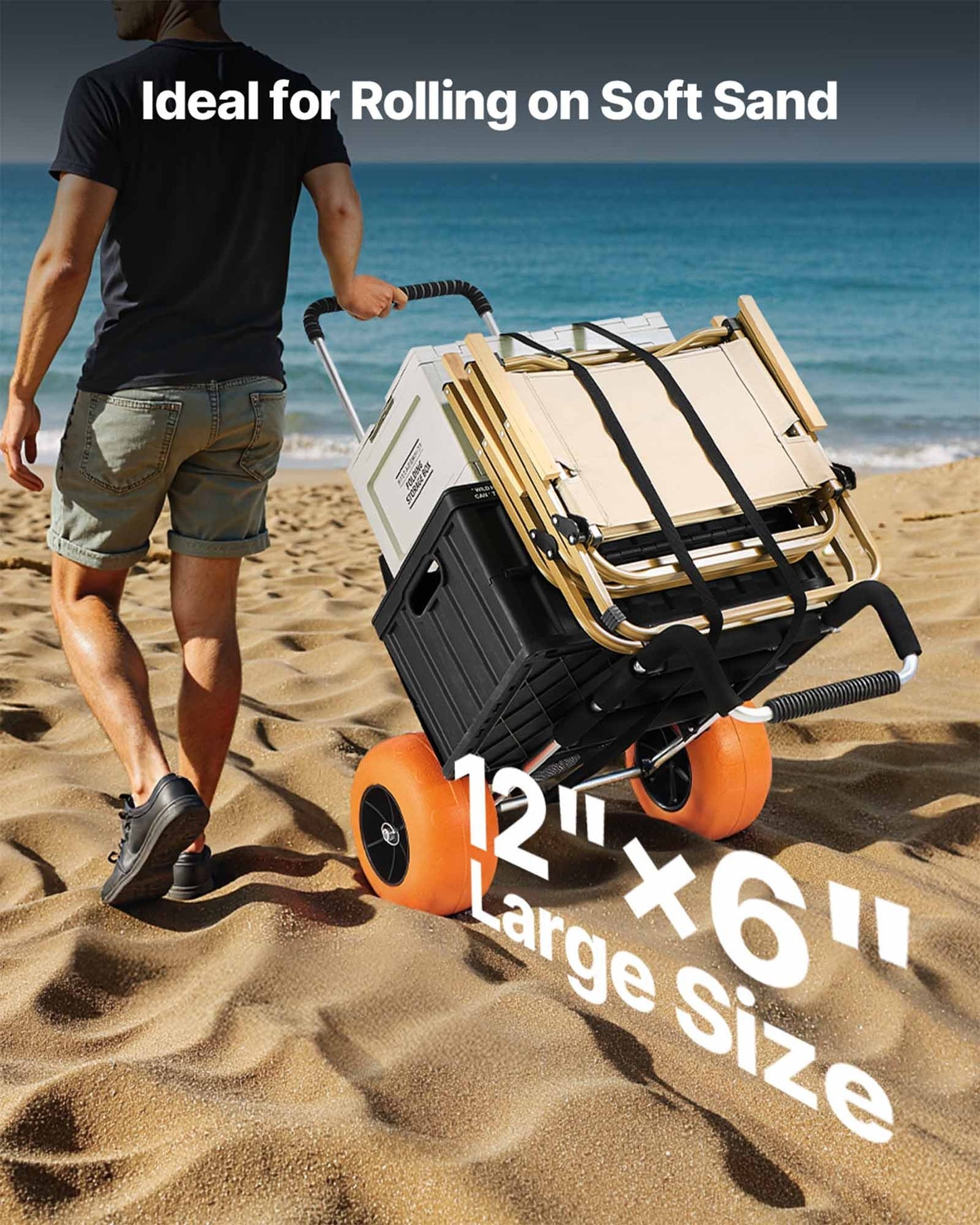 Beach Dolly with Big Wheels for Sand, 29.9" x 15.4" Cargo Deck, w/ 12" Solid Wheels, 165LBS Loading Capacity Folding Sand Cart & 27" to 44.7" Adjustable Height, Heavy Duty Cart for Beach