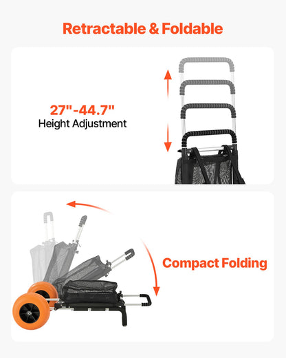 Beach Dolly with Big Wheels for Sand, 29.9" x 15.4" Cargo Deck, w/ 12" Solid Wheels, 165LBS Loading Capacity Folding Sand Cart & 27" to 44.7" Adjustable Height, Heavy Duty Cart for Beach