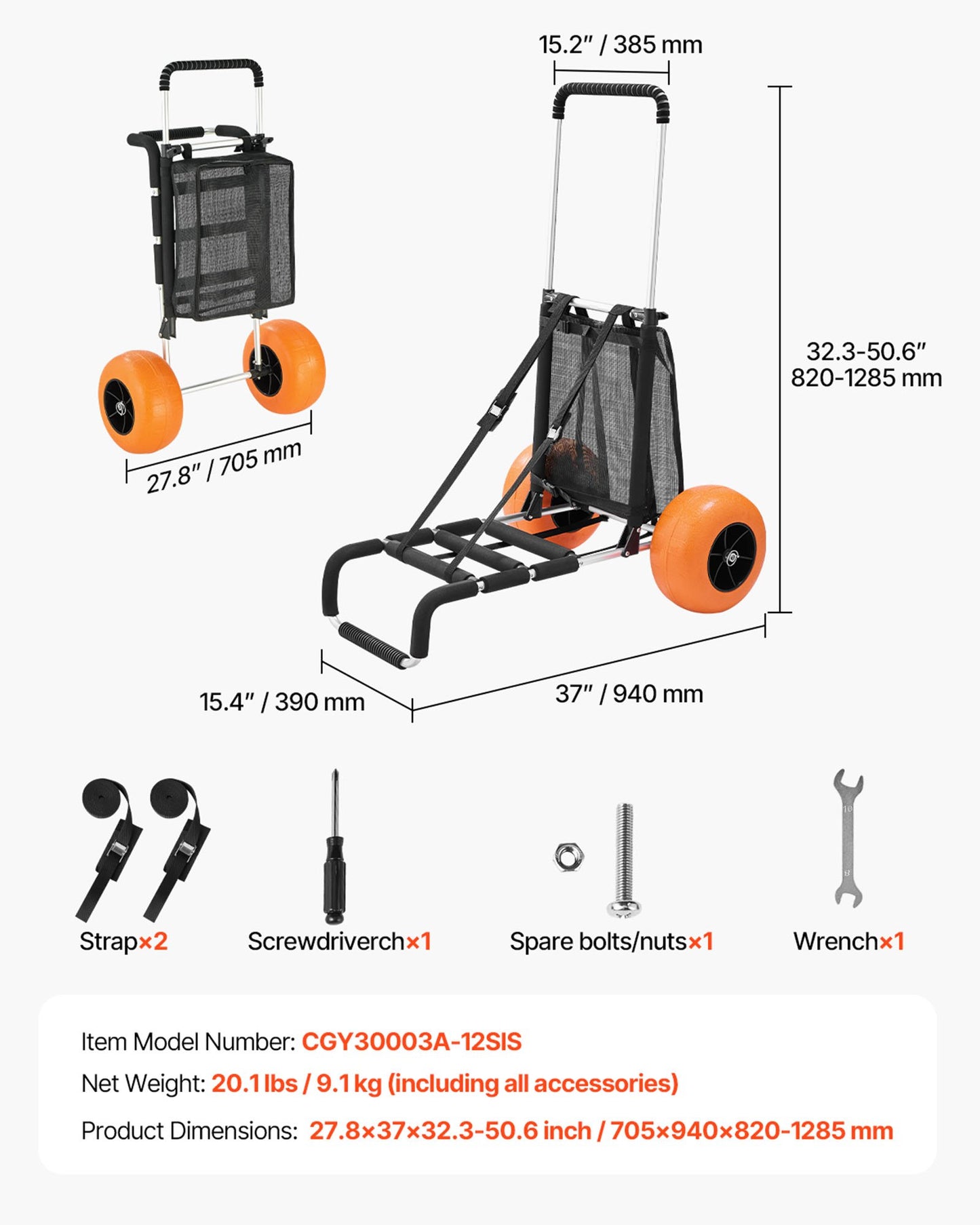 Beach Dolly with Big Wheels for Sand, 29.9" x 15.4" Cargo Deck, w/ 12" Solid Wheels, 165LBS Loading Capacity Folding Sand Cart & 27" to 44.7" Adjustable Height, Heavy Duty Cart for Beach