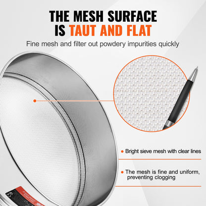Flour Sieve Fine Mesh, 12 Mesh Flour Sifter, 304 Stainless Steel Fine Mesh Sifter Food-grade, Dia. 12.6" Fine Mesh Strainers for Baking, 5 Sizes Mesh hole for Mungbean, Rice, Flour, Pearl Powder
