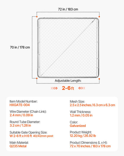 Chain Link Fence Gate, 70 x 72 in, Adjustable Chain Link Fence Panel, Fit 3 ft (W) x 4 ft (H) Garden Fence Gate Opening, Rust-Resistant Galvanized Fencing Gate for Farm Posts Not Included
