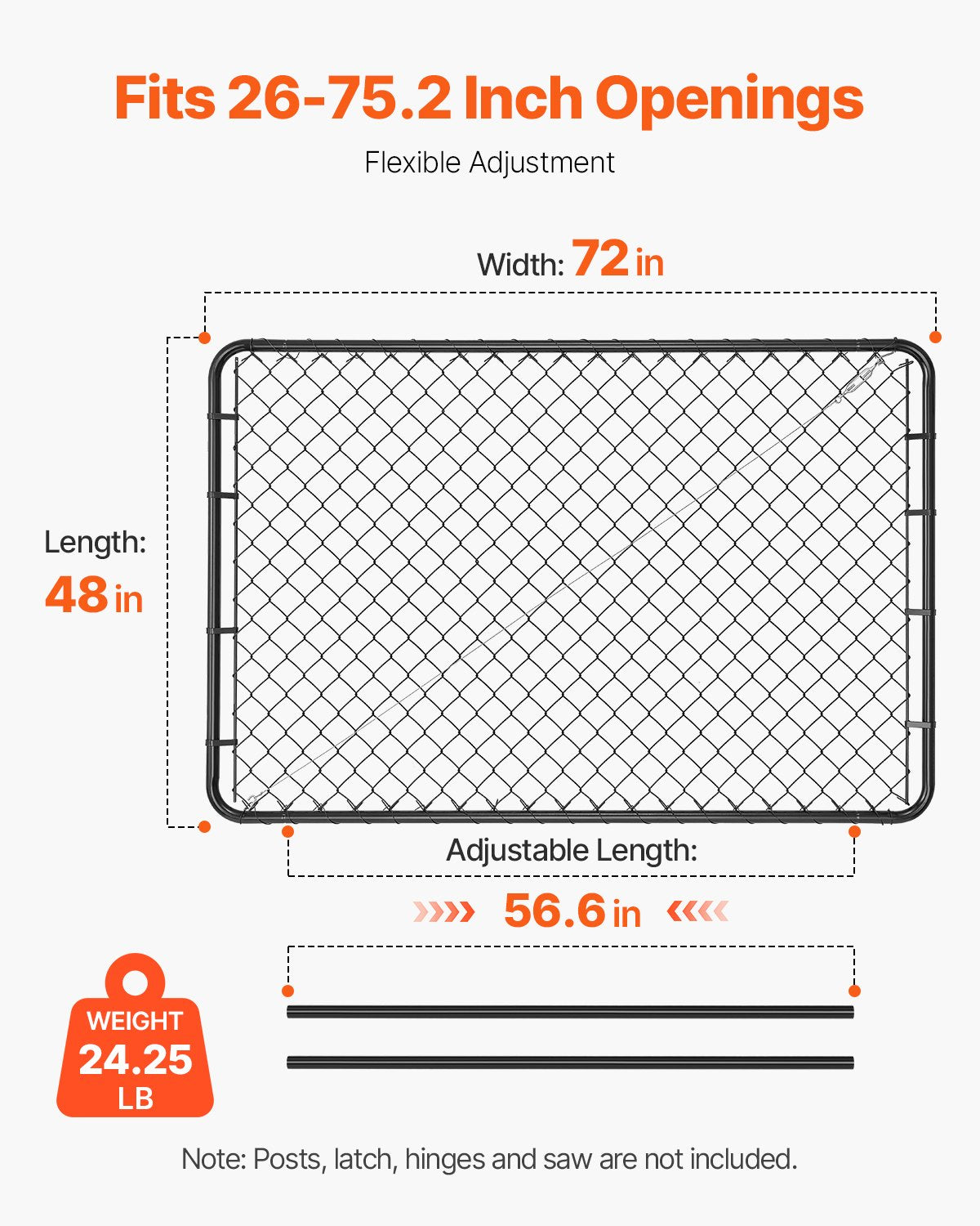 Chain Link Fence Gate, 72 x 48 in, Adjustable Chain Link Fence Panel, Fit 2.2-6 ft (W) x 6 ft (H) Garden Fence Gate Opening, Fencing Gate with Plastic Coating, for Farm Black, Posts Not Included