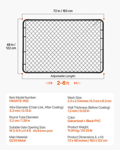 Chain Link Fence Gate, 72 x 48 in, Adjustable Chain Link Fence Panel, Fit 2.2-6 ft (W) x 6 ft (H) Garden Fence Gate Opening, Fencing Gate with Plastic Coating, for Farm Black, Posts Not Included