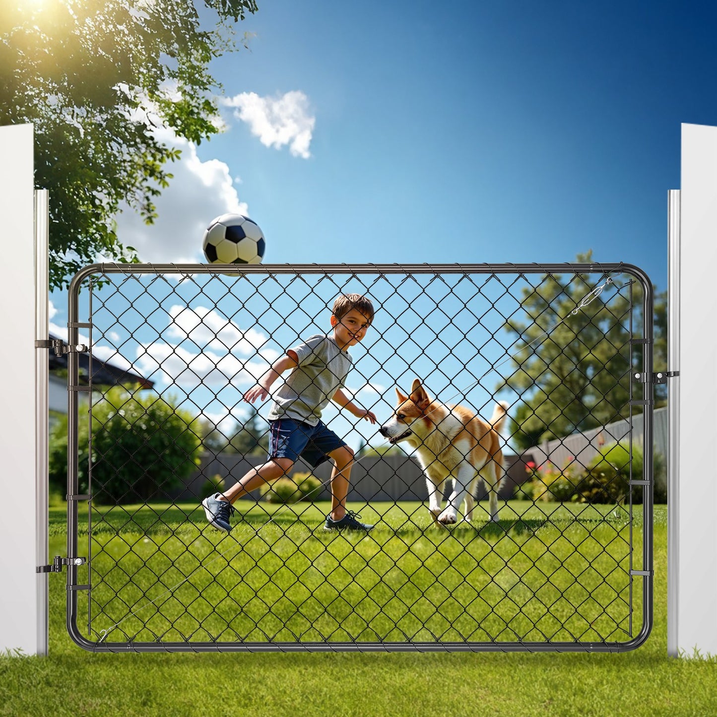 Chain Link Fence Gate, 72 x 48 in, Adjustable Chain Link Fence Panel, Fit 2.2-6 ft (W) x 6 ft (H) Garden Fence Gate Opening, Fencing Gate with Plastic Coating, for Farm Black, Posts Not Included