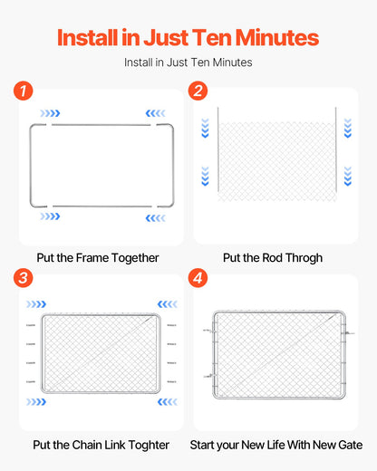 Chain Link Fence Gate, 72 x 48 in, Adjustable Chain Link Fence Panel, Fit 2.2-6 ft (W) x 6 ft (H) Garden Fence Gate Opening, Rust-Resistant Galvanized Fencing Gate for Farm, Posts Not Included