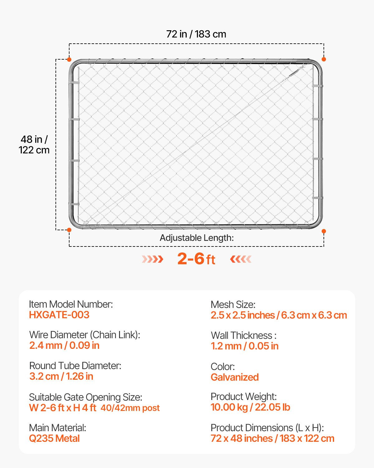 Chain Link Fence Gate, 72 x 48 in, Adjustable Chain Link Fence Panel, Fit 2.2-6 ft (W) x 6 ft (H) Garden Fence Gate Opening, Rust-Resistant Galvanized Fencing Gate for Farm, Posts Not Included