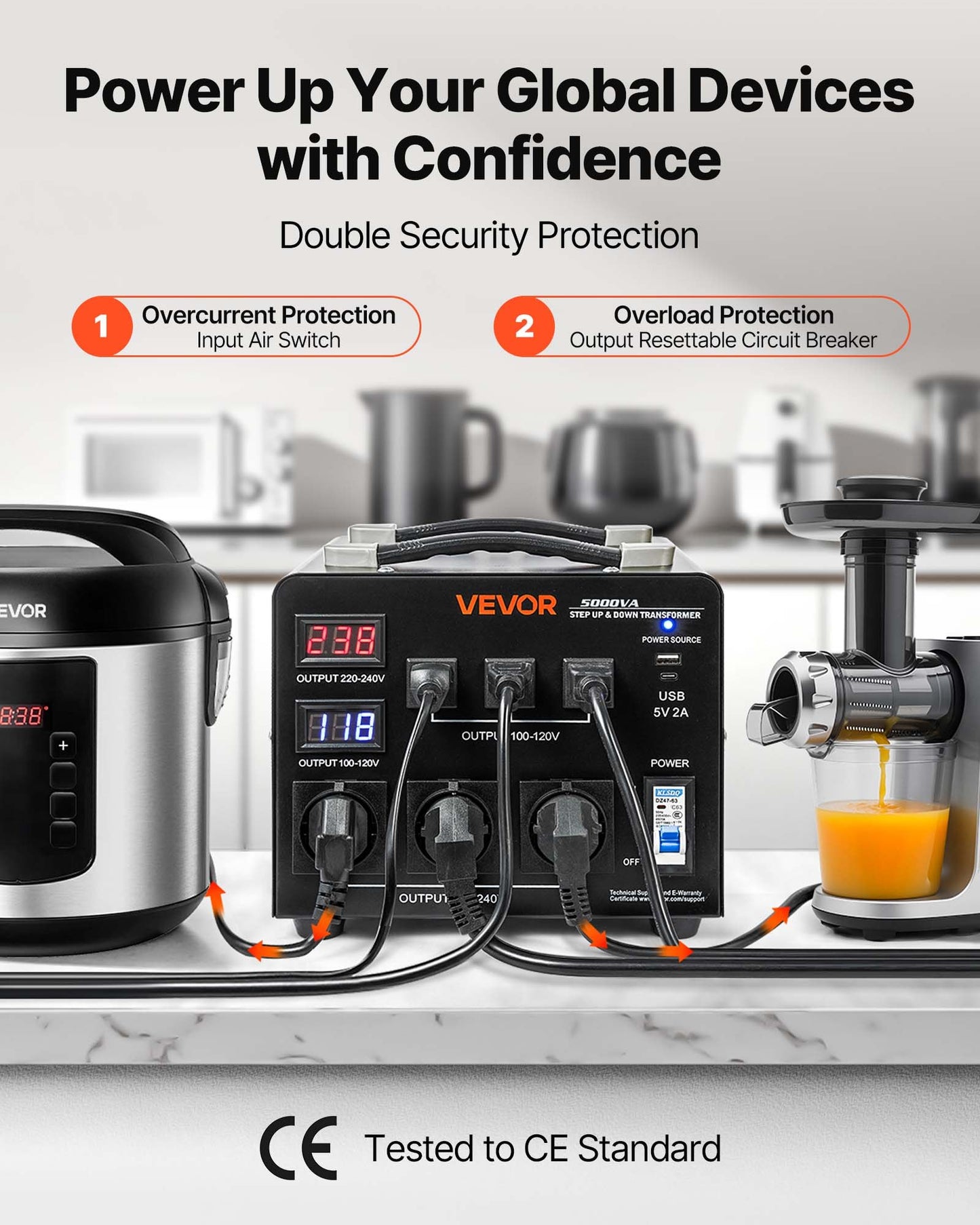 Automatischer Spannungswandler-Transformator, 5000 VA, Hochleistungs-Auf-/Abwärtstransformator, 110 V auf 220 V und 220 V auf 110 V, mit 3 US-Steckdosen, 3 EU-Steckdosen, LCD-Anzeige und Schutzschalter