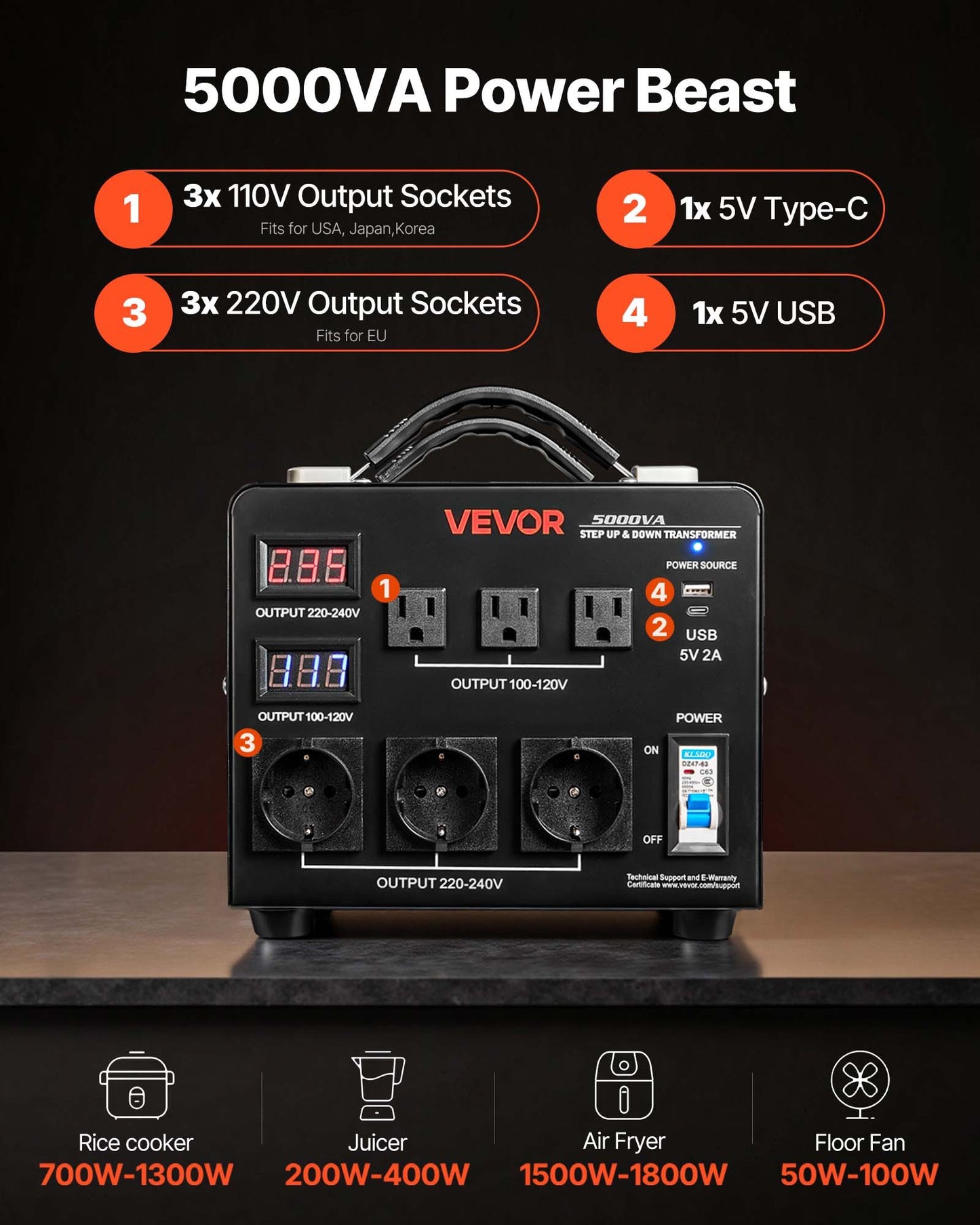 Automatischer Spannungswandler-Transformator, 5000 VA, Hochleistungs-Auf-/Abwärtstransformator, 110 V auf 220 V und 220 V auf 110 V, mit 3 US-Steckdosen, 3 EU-Steckdosen, LCD-Anzeige und Schutzschalter