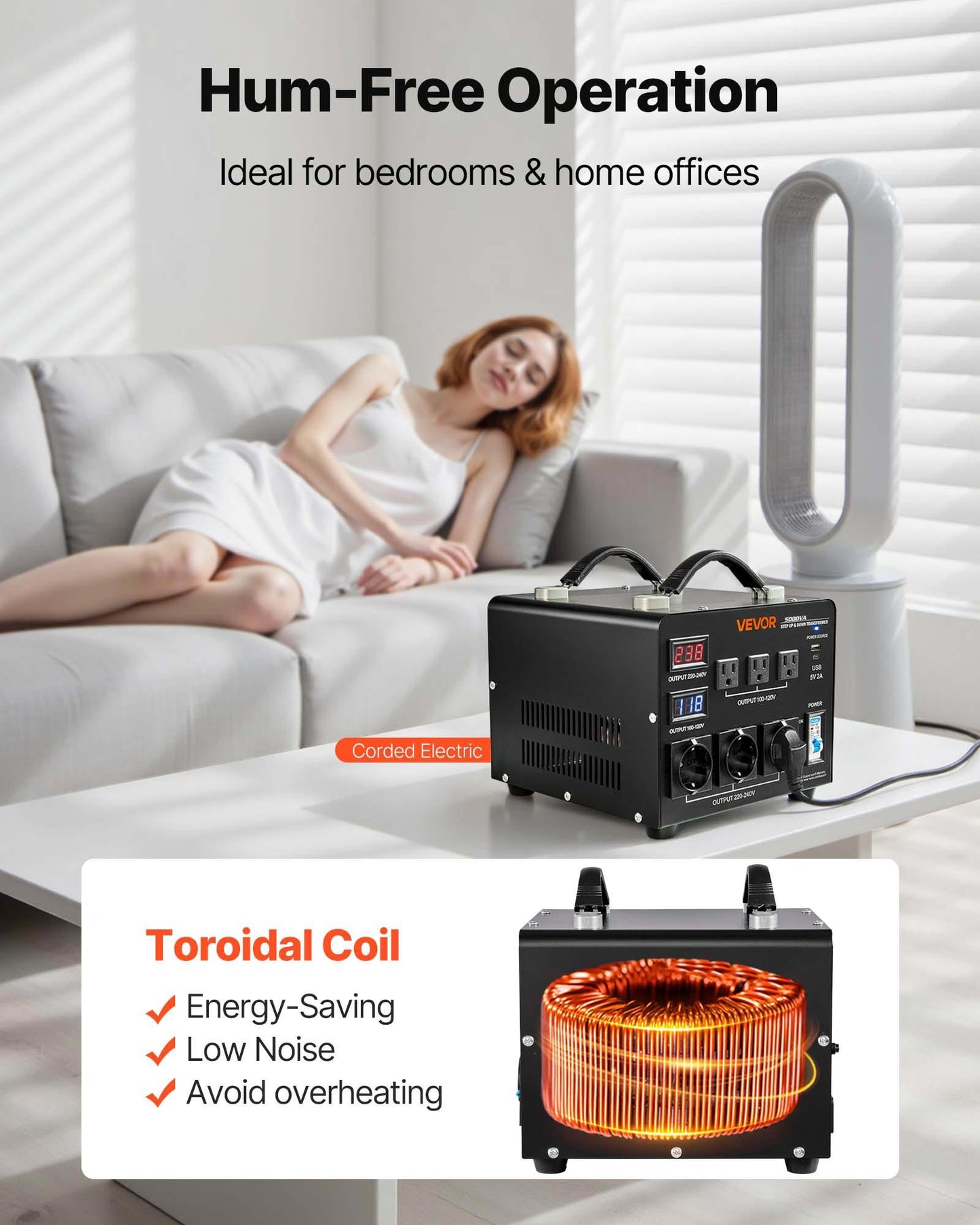 Automatischer Spannungswandler-Transformator, 5000 VA, Hochleistungs-Auf-/Abwärtstransformator, 110 V auf 220 V und 220 V auf 110 V, mit 3 US-Steckdosen, 3 EU-Steckdosen, LCD-Anzeige und Schutzschalter