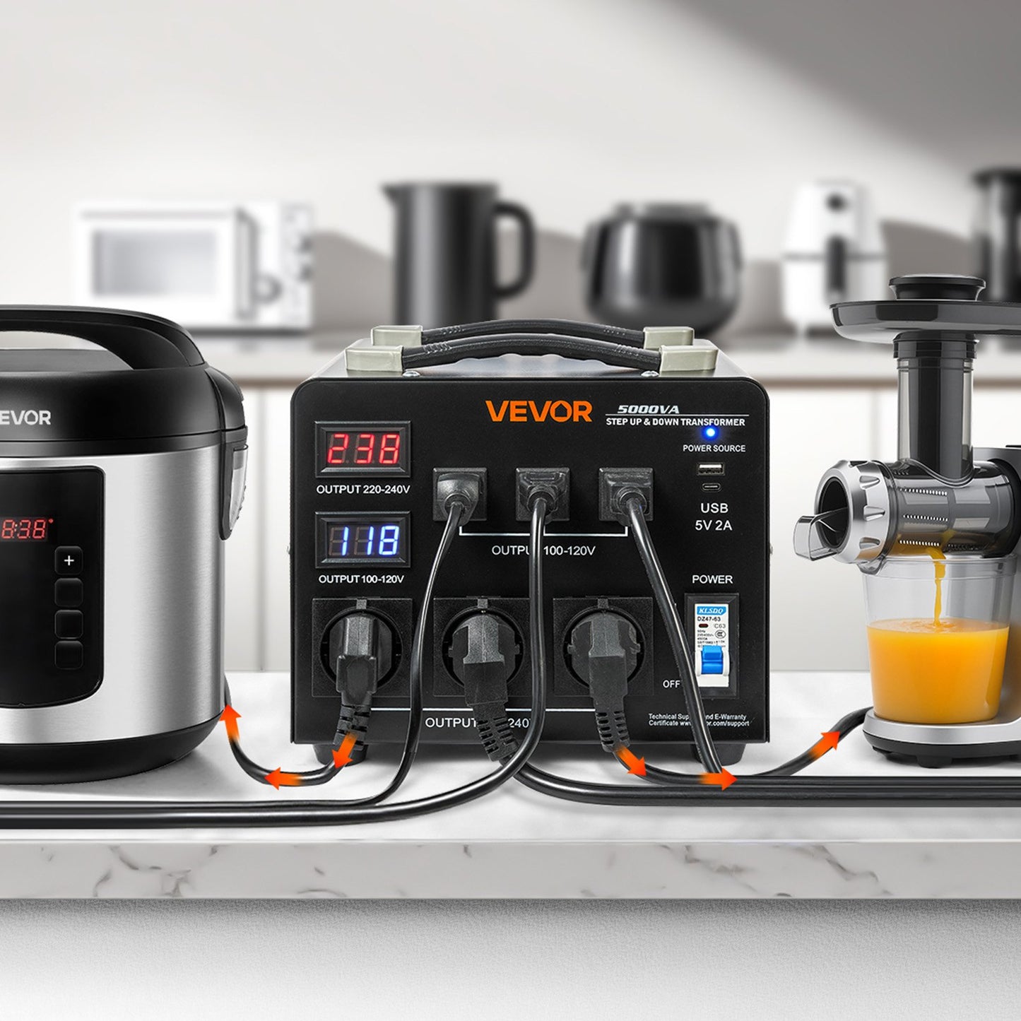 Automatischer Spannungswandler-Transformator, 5000 VA, Hochleistungs-Auf-/Abwärtstransformator, 110 V auf 220 V und 220 V auf 110 V, mit 3 US-Steckdosen, 3 EU-Steckdosen, LCD-Anzeige und Schutzschalter