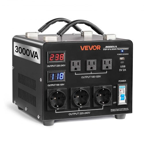 Voltage Auto Converter Transformer, 3000VA, Heavy Duty Step Up/Down Power Transformer, 110V to 220V and 220V to 110V, with 3 US Outlets, 3 EU Outlets, LCD Display, Circuit Breaker Protection