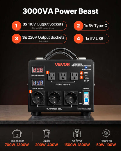Voltage Auto Converter Transformer, 3000VA, Heavy Duty Step Up/Down Power Transformer, 110V to 220V and 220V to 110V, with 3 US Outlets, 3 EU Outlets, LCD Display, Circuit Breaker Protection