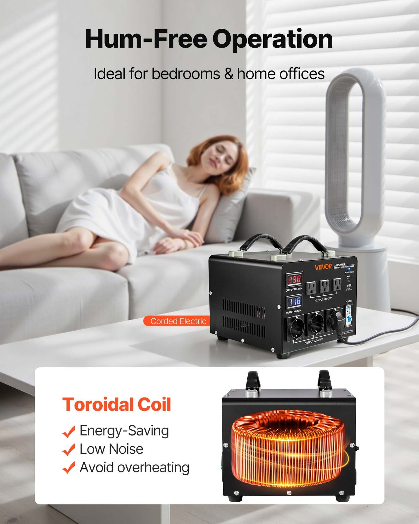 Voltage Auto Converter Transformer, 3000VA, Heavy Duty Step Up/Down Power Transformer, 110V to 220V and 220V to 110V, with 3 US Outlets, 3 EU Outlets, LCD Display, Circuit Breaker Protection