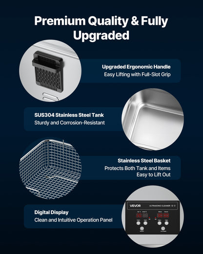 10-Liter-Ultraschallreiniger, professionelles Ultraschallreinigungsgerät mit Reinigungskorb und Digitalanzeige, 180 W, Edelstahl, 40 kHz, Reinigungsgerät für Uhren, Rasierer, Schmuck, Münzen und mehr