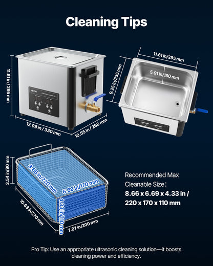10-Liter-Ultraschallreiniger, professionelles Ultraschallreinigungsgerät mit Reinigungskorb und Digitalanzeige, 180 W, Edelstahl, 40 kHz, Reinigungsgerät für Uhren, Rasierer, Schmuck, Münzen und mehr