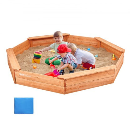 Holzsandkasten mit Abdeckung, achteckig (192 x 192 x 23 cm), Sandkasten mit 4 Sitzgelegenheiten und Bodenmatte, Kindersandkasten für Garten, Strand, Park, Geschenk für Jungen und Mädchen von 3-12 Jahren