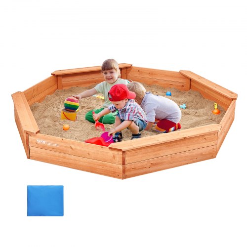Holzsandkasten mit Abdeckung, achteckig (192 x 192 x 23 cm), Sandkasten mit 4 Sitzgelegenheiten und Bodenmatte, Kindersandkasten für Garten, Strand, Park, Geschenk für Jungen und Mädchen von 3-12 Jahren