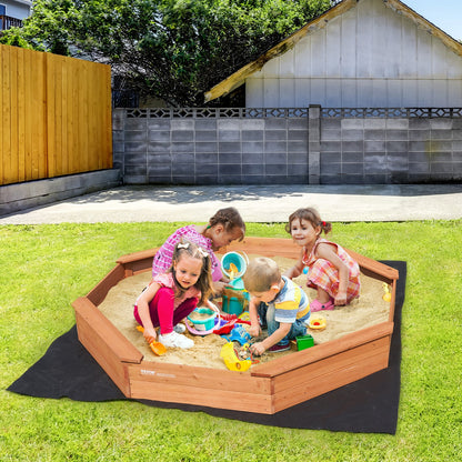 Holzsandkasten mit Abdeckung, achteckig (192 x 192 x 23 cm), Sandkasten mit 4 Sitzgelegenheiten und Bodenmatte, Kindersandkasten für Garten, Strand, Park, Geschenk für Jungen und Mädchen von 3-12 Jahren