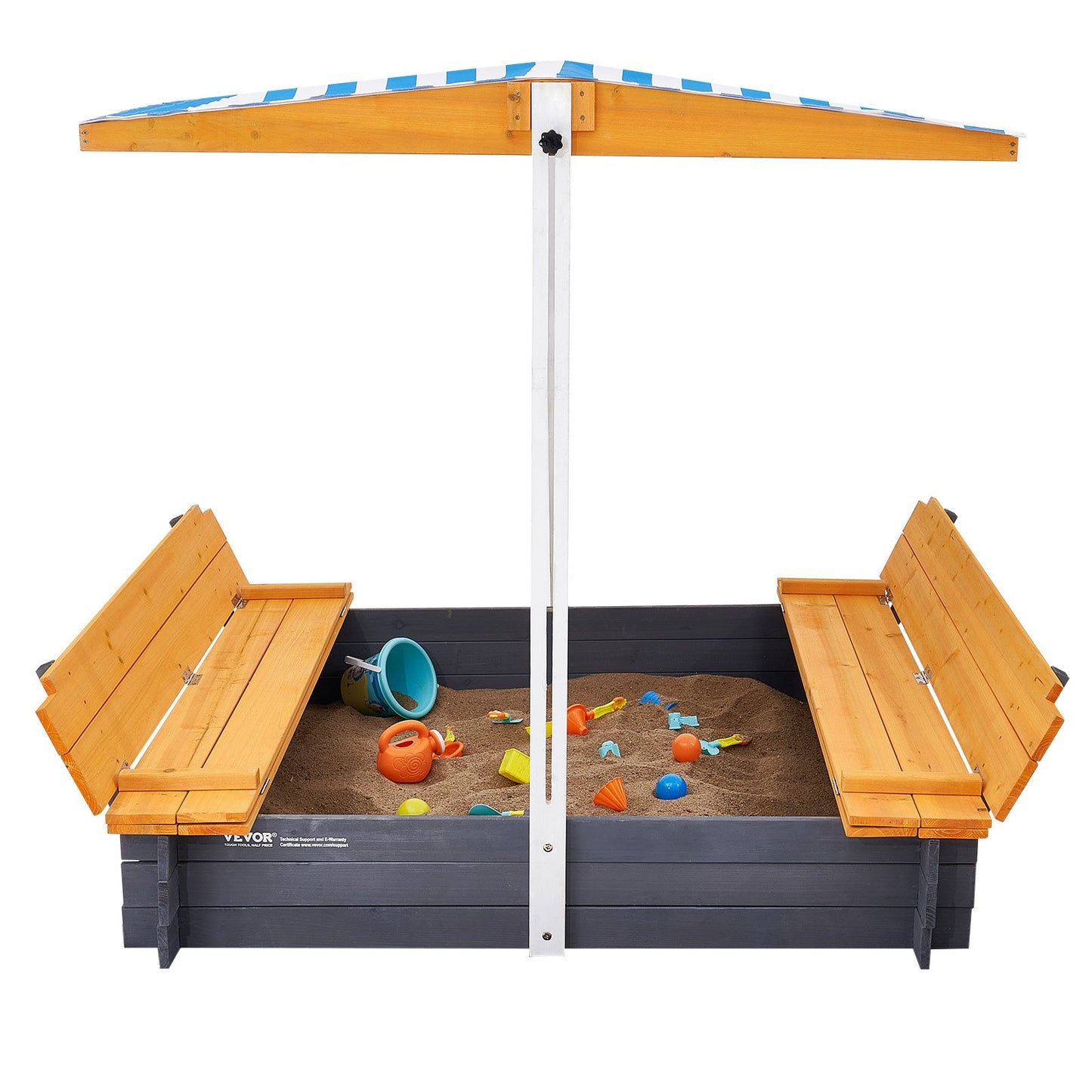 Sandkasten aus Holz mit Dach, 145,6 x 120 x 120 cm, Sandkasten mit klappbaren Sitzbänken und Bodenmatte, Naturholz-Sandkasten für Kinder im Garten, am Strand oder im Park, Geschenk für Kinder von 3-12 Jahren
