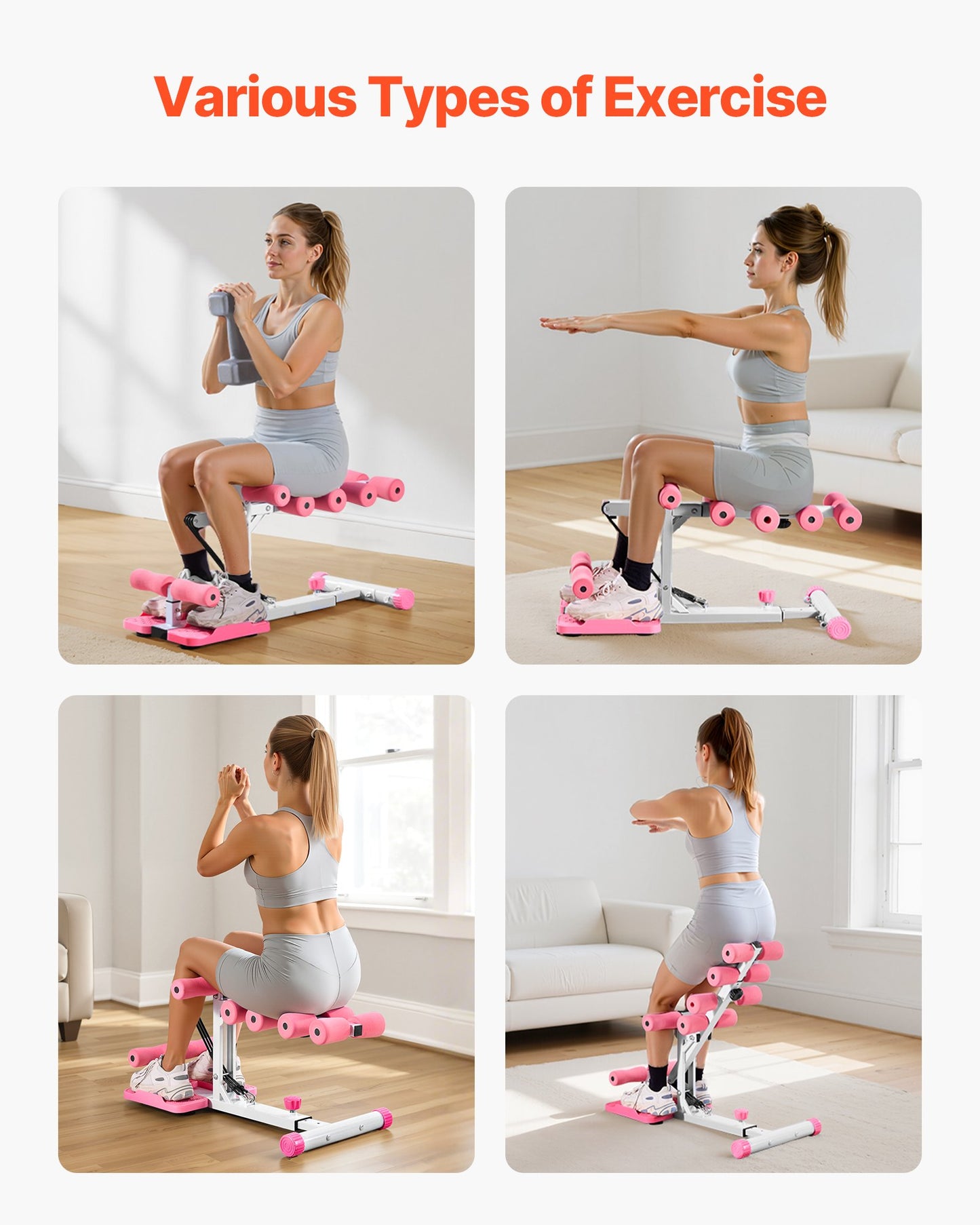 Deep Squat Machine, Adjustable Glutes Trainer Machine with 3 High-Strength Resistance Bands, Folding Core Leg & Glutes Exercise Trainer, Push Up Workout Equipment at Home Gym, Pink + White