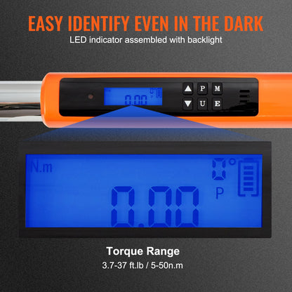 Digitaler Drehmomentschlüssel, 9,5-mm-Antrieb, elektronischer Drehmomentschlüssel, Drehmomentschlüssel-Set 3,7–37 ft-lb/5–50 Nm, Genauigkeit ±2 %, 3-stufiges, einstellbares Drehmomentschlüssel-Set mit LED-Summer und Kalibrierungsfunktion