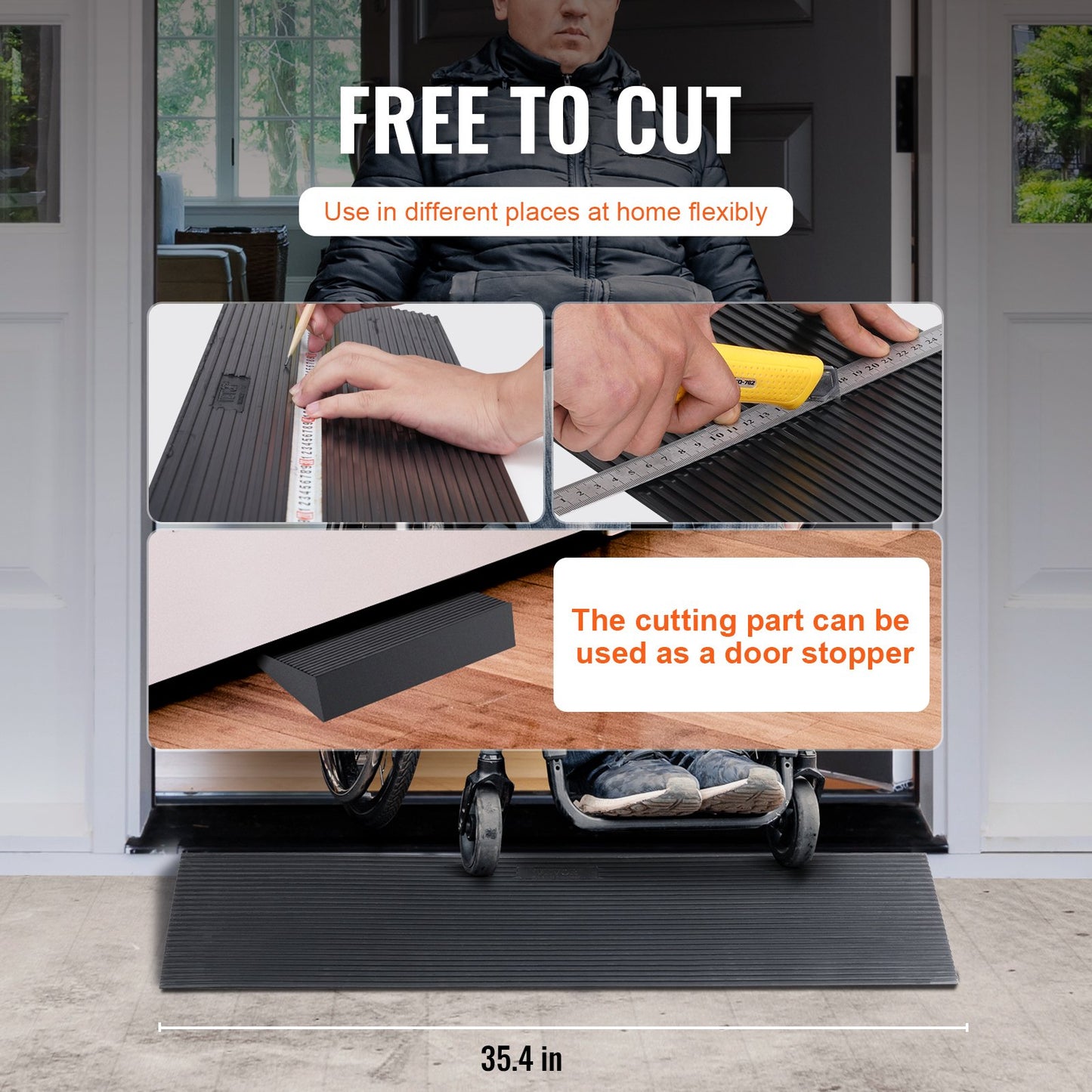 1,2 Zoll (3 cm) hohe, zuschneidbare Schwellenrampe für Kehrroboter, 35,4 Zoll (90 cm) breite Rollstuhlrampe aus Naturkautschuk, rutschfeste Vollgummirampe mit doppelseitigem Klebeband für Türen, Einfahrten, Badezimmer und glatte Fliesen