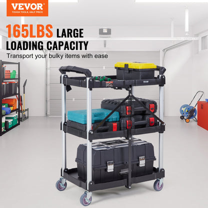 Foldable Utility Service Cart, 3 Shelf 74.8 kg Heavy Duty Plastic Rolling Cart with Lockable Wheels, Ergonomic Handle, Portable Garage Tool Cart for Warehouse/Office/Home(65.1x39.2x83.2 cm)