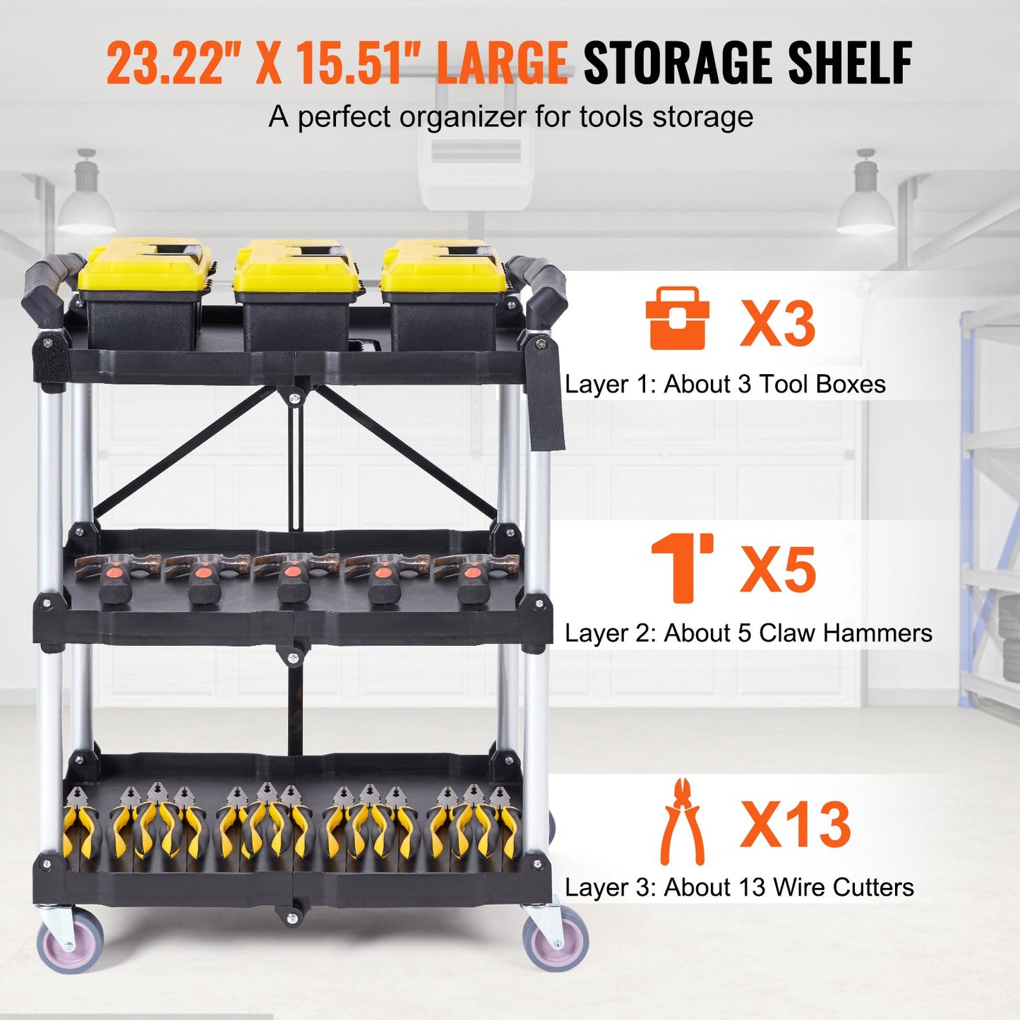 Foldable Utility Service Cart, 3 Shelf 74.8 kg Heavy Duty Plastic Rolling Cart with Lockable Wheels, Ergonomic Handle, Portable Garage Tool Cart for Warehouse/Office/Home(65.1x39.2x83.2 cm)