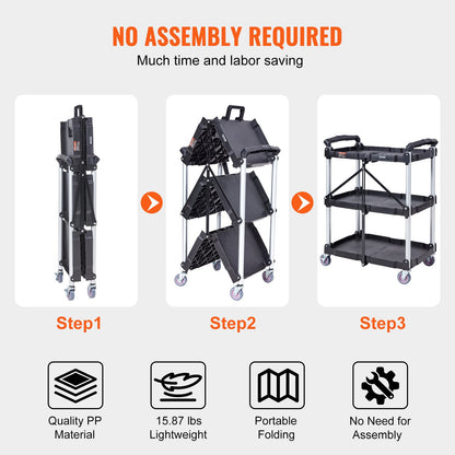Foldable Utility Service Cart, 3 Shelf 74.8 kg Heavy Duty Plastic Rolling Cart with Lockable Wheels, Ergonomic Handle, Portable Garage Tool Cart for Warehouse/Office/Home(65.1x39.2x83.2 cm)