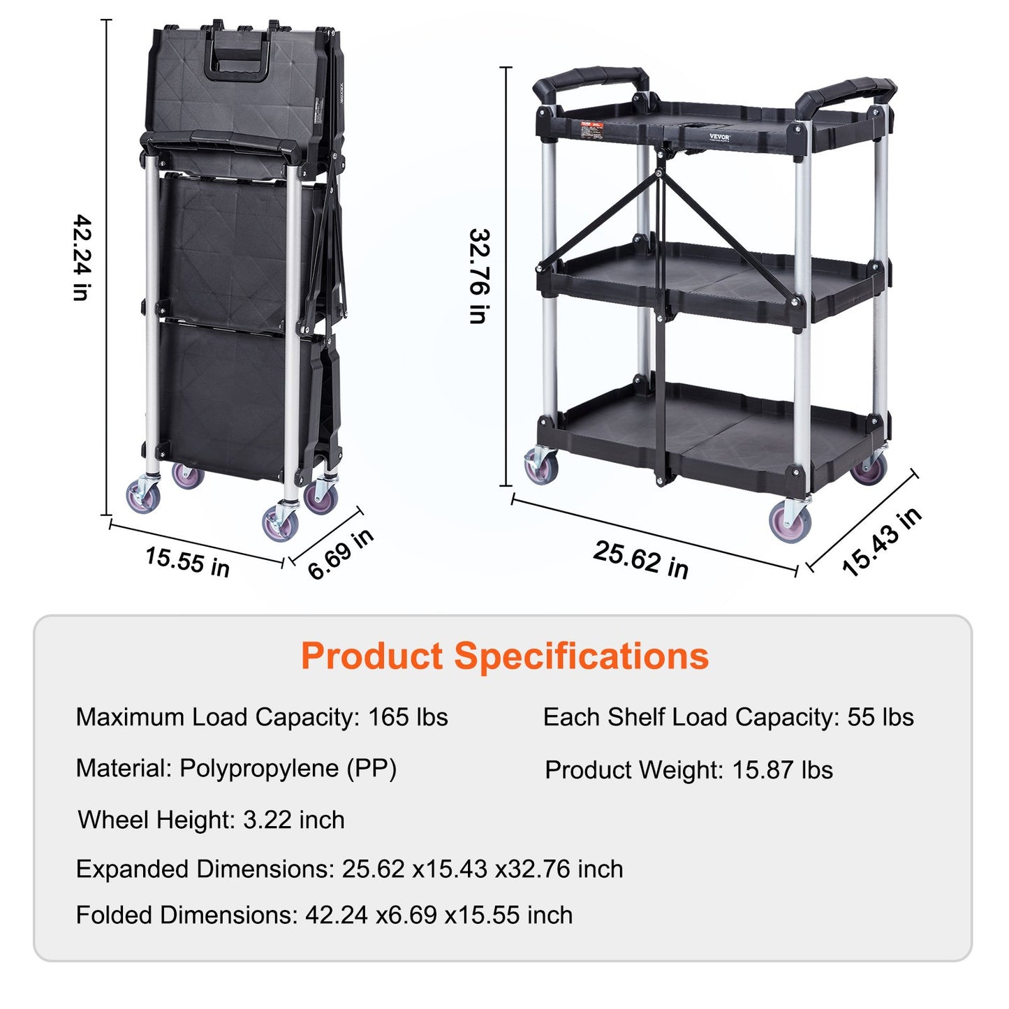 Foldable Utility Service Cart, 3 Shelf 74.8 kg Heavy Duty Plastic Rolling Cart with Lockable Wheels, Ergonomic Handle, Portable Garage Tool Cart for Warehouse/Office/Home(65.1x39.2x83.2 cm)