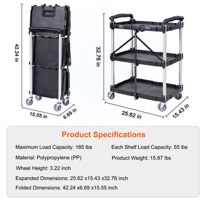 Foldable Utility Service Cart, 3 Shelf 74.8 kg Heavy Duty Plastic Rolling Cart with Lockable Wheels, Ergonomic Handle, Portable Garage Tool Cart for Warehouse/Office/Home(65.1x39.2x83.2 cm)