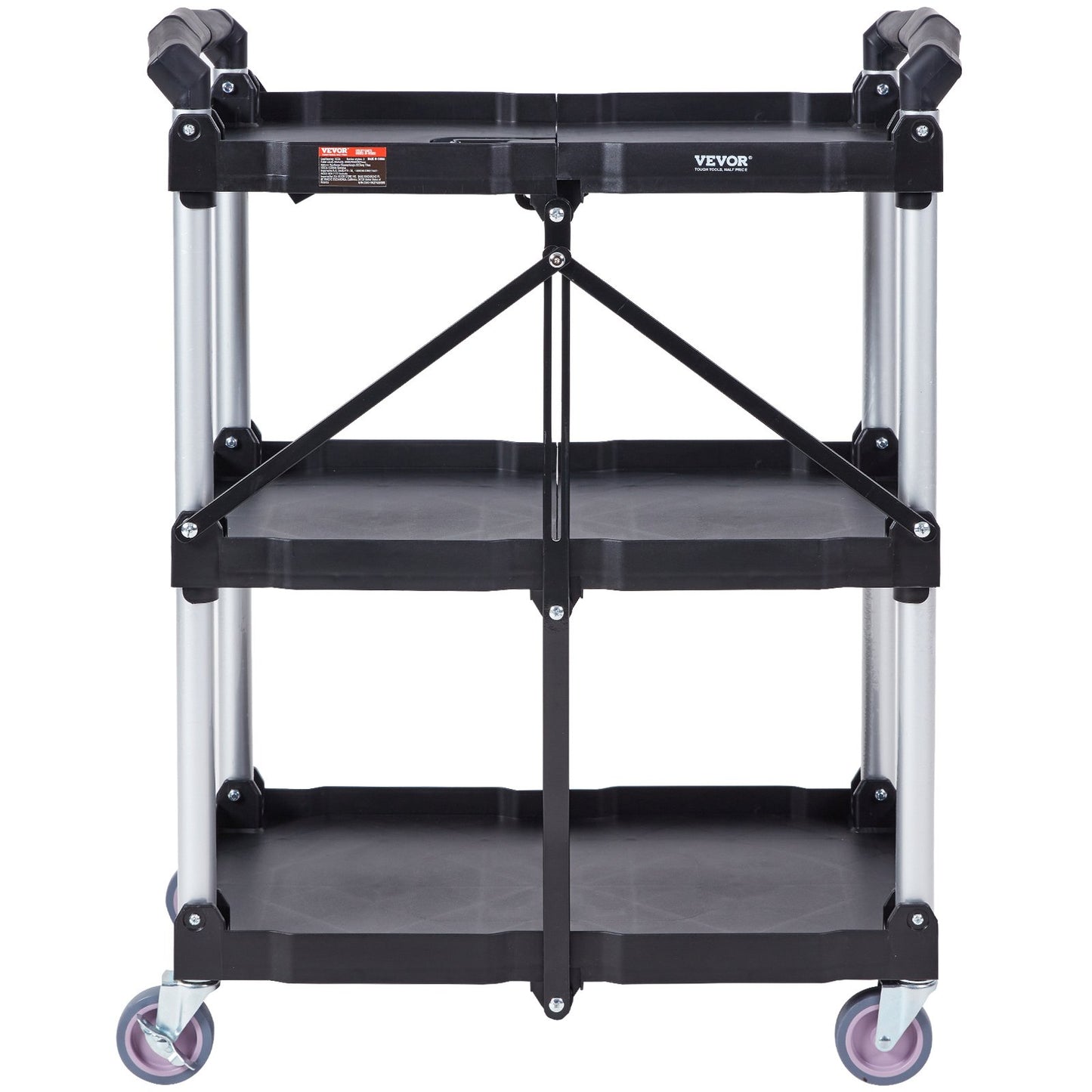 Foldable Utility Service Cart, 3 Shelf 74.8 kg Heavy Duty Plastic Rolling Cart with Lockable Wheels, Ergonomic Handle, Portable Garage Tool Cart for Warehouse/Office/Home(65.1x39.2x83.2 cm)
