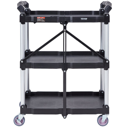 Foldable Utility Service Cart, 3 Shelf 74.8 kg Heavy Duty Plastic Rolling Cart with Lockable Wheels, Ergonomic Handle, Portable Garage Tool Cart for Warehouse/Office/Home(65.1x39.2x83.2 cm)