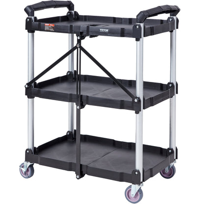 Foldable Utility Service Cart, 3 Shelf 74.8 kg Heavy Duty Plastic Rolling Cart with Lockable Wheels, Ergonomic Handle, Portable Garage Tool Cart for Warehouse/Office/Home(65.1x39.2x83.2 cm)