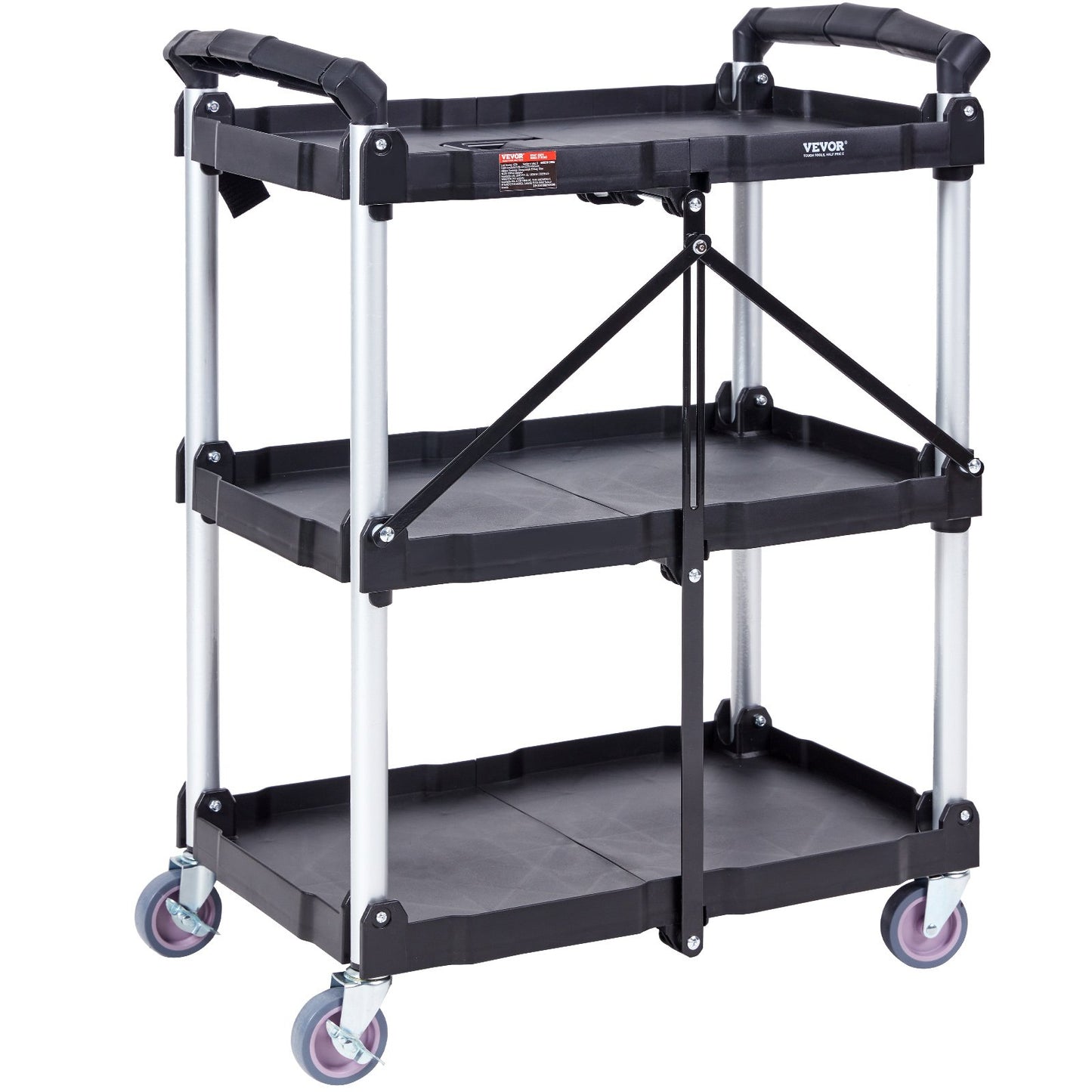 Foldable Utility Service Cart, 3 Shelf 74.8 kg Heavy Duty Plastic Rolling Cart with Lockable Wheels, Ergonomic Handle, Portable Garage Tool Cart for Warehouse/Office/Home(65.1x39.2x83.2 cm)