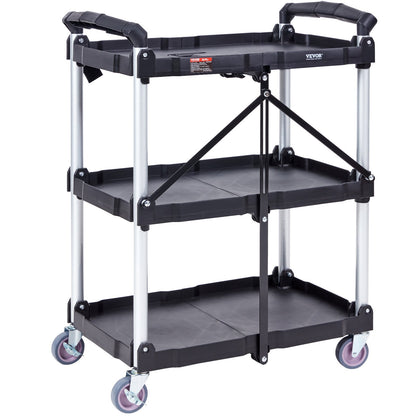 Foldable Utility Service Cart, 3 Shelf 74.8 kg Heavy Duty Plastic Rolling Cart with Lockable Wheels, Ergonomic Handle, Portable Garage Tool Cart for Warehouse/Office/Home(65.1x39.2x83.2 cm)