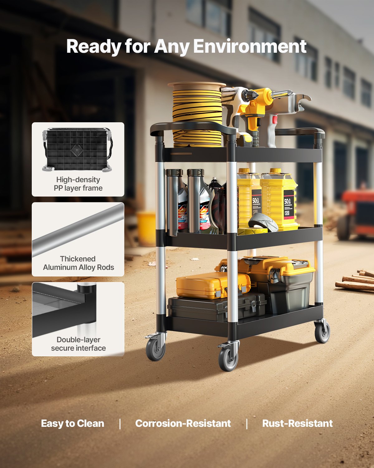 Servierwagen, 136 kg Tragkraft, 3-stöckiger Kunststoffwagen mit 360°-Schwenkrädern (2 mit Bremsen), 62 x 41 cm, ideal für Lager, Büro, Haushalt, Restaurant und Küche