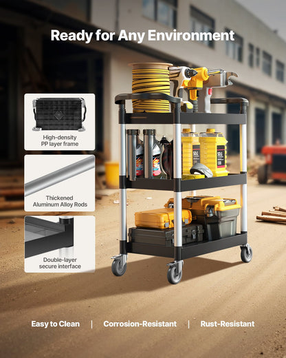 Servierwagen, 136 kg Tragkraft, 3-stöckiger Kunststoffwagen mit 360°-Schwenkrädern (2 mit Bremsen), 62 x 41 cm, ideal für Lager, Büro, Haushalt, Restaurant und Küche